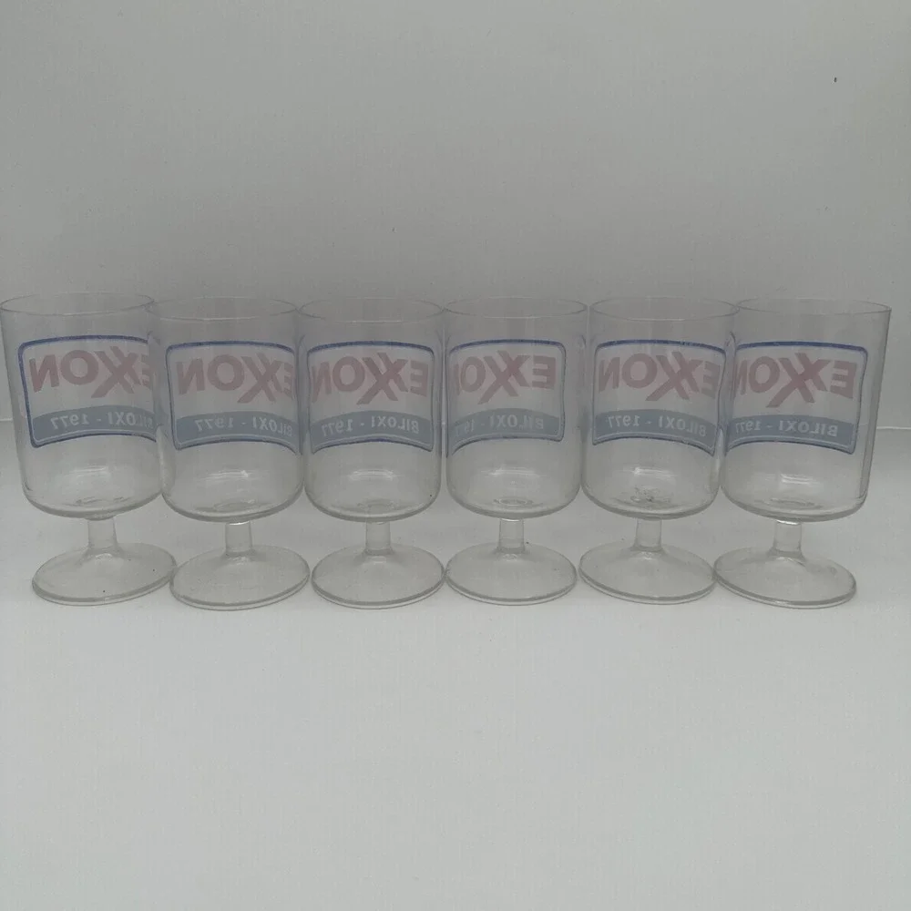 Set of 6 Vintage Exxon Biloxi 1977 Footed Goblet Promo Glasses Gas Station